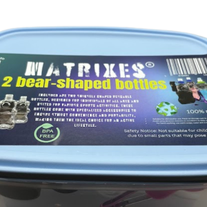 Matrixes BearBox Set featuring two bear-shaped reusable water bottles with accessories and a recyclable lunchbox.