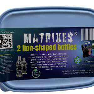 Matrixes LionBox Set featuring two lion-shaped reusable water bottles with accessories and a recyclable lunchbox.