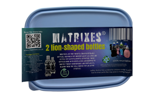Matrixes LionBox Set featuring two lion-shaped reusable water bottles with accessories and a recyclable lunchbox.