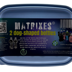 Matrixes DogBox Set featuring two dog-shaped reusable water bottles with accessories and a recyclable lunchbox.