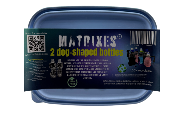 Matrixes DogBox Set featuring two dog-shaped reusable water bottles with accessories and a recyclable lunchbox.