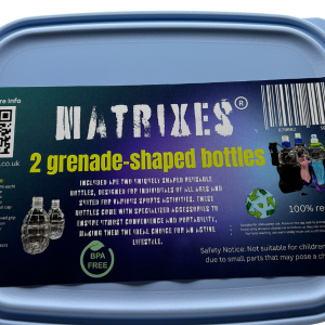 Matrixes GrenadeBox Set featuring two grenade-shaped reusable water bottles with accessories and a recyclable lunchbox.