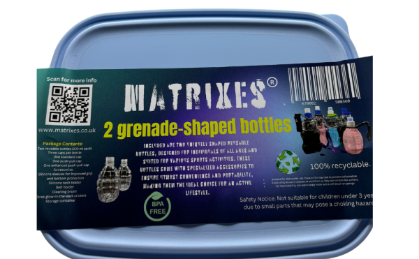 Matrixes GrenadeBox Set featuring two grenade-shaped reusable water bottles with accessories and a recyclable lunchbox.