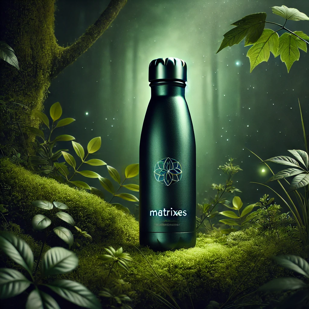 DALL·E 2025-02-04 19.32.03 - A dark green reusable water bottle placed in a lush forest setting, surrounded by deep green foliage and soft glowing light. The bottle features a sle